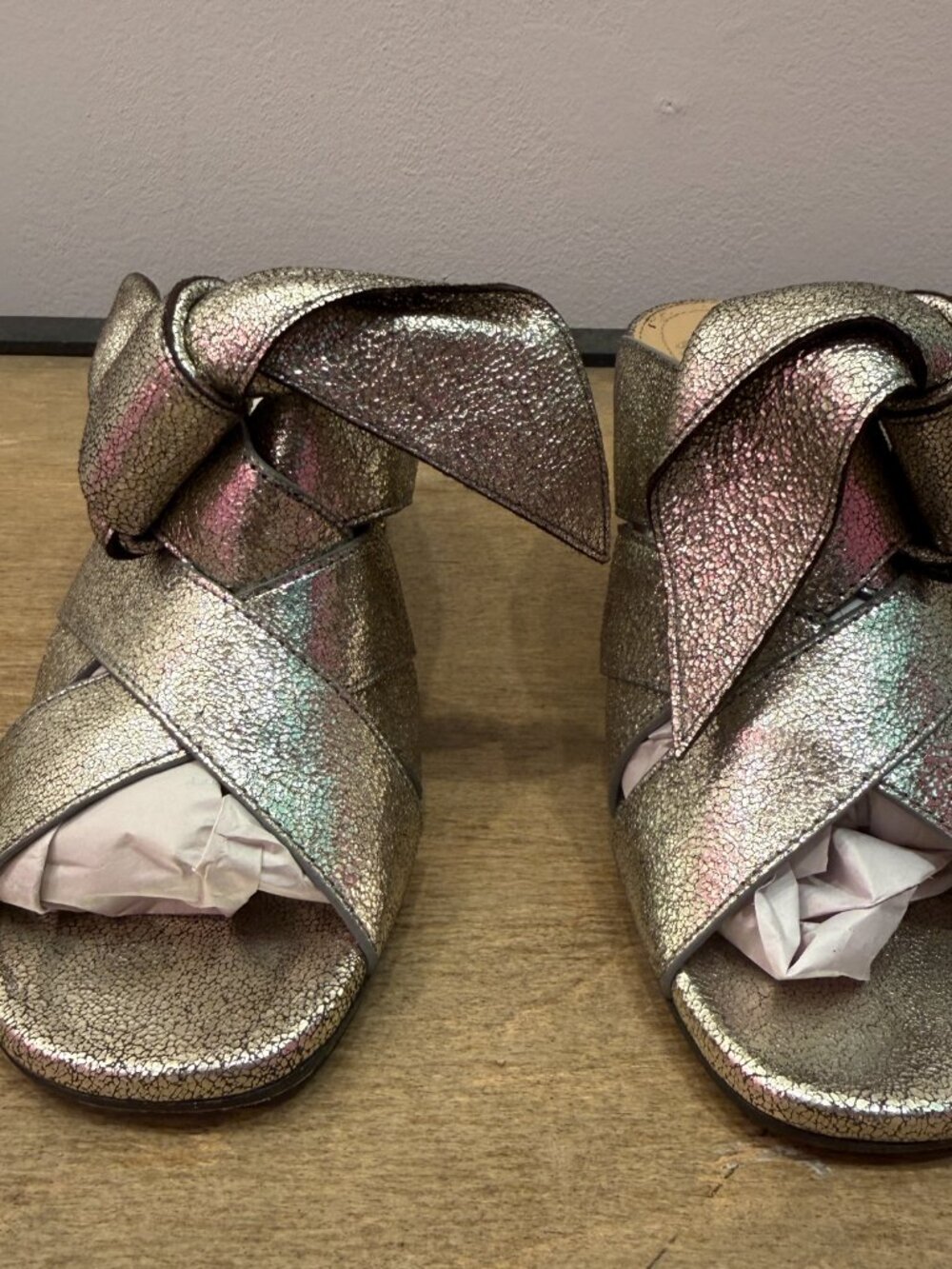 Chloe Silver Metallic Leather Rhinestone Crystal Block Heel Mule Slides 38.5 - Picture 5 of 14